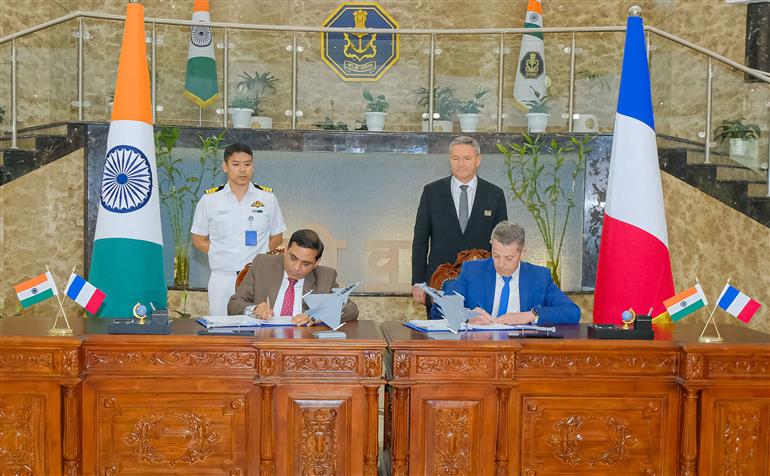 The Governments of India and France have signed an Inter-Governmental Agreement (IGA) for the procurement of 26 Rafale Aircraft (22 Single-Seater and four Twin-Seater) for the Indian Navy, the signed copies of the agreement were exchanged by Indian and French officials in the presence of the Defence Secretary, Shri Rajesh Kumar Singh at Nausena Bhawan, in New Delhi on April 28, 2025.