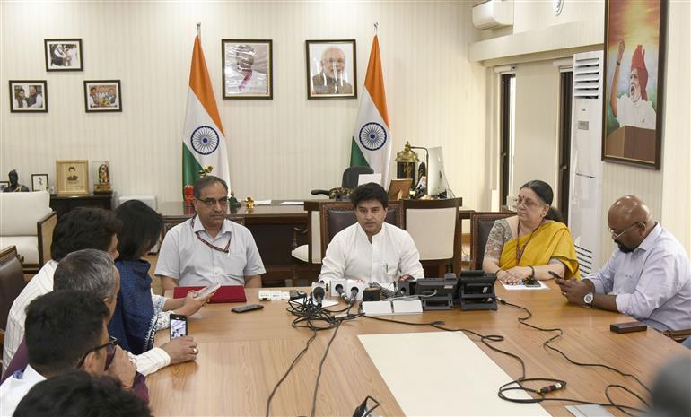 The Union Minister of Communications and Development of North Eastern Region (DoNER), Shri Jyotiraditya M. Scindia holds a press conference on release of India Post’s new initiative ‘Gyan Post’, in New Delhi on April 28, 2025.