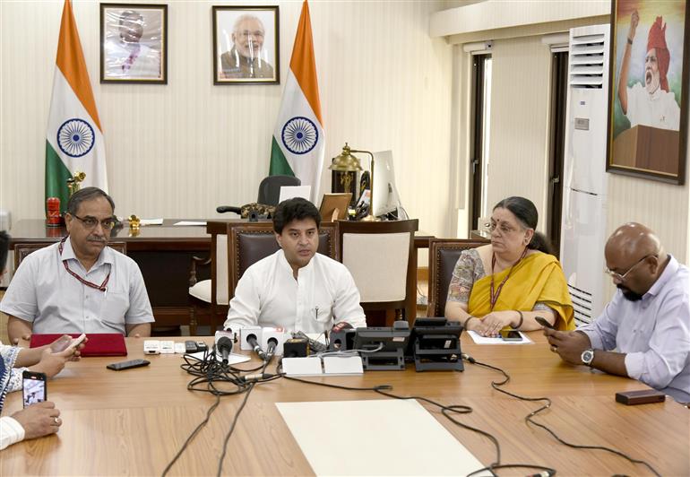 The Union Minister of Communications and Development of North Eastern Region (DoNER), Shri Jyotiraditya M. Scindia holds a press conference on release of India Post’s new initiative ‘Gyan Post’, in New Delhi on April 28, 2025.