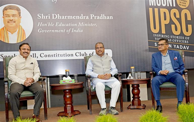 The Union Minister for Education, Shri Dharmendra Pradhan attends at Launch of ‘Scaling Mount UPSC, Inspiring Stories of Young IAS Officers’ in New Delhi on April 28, 2025.