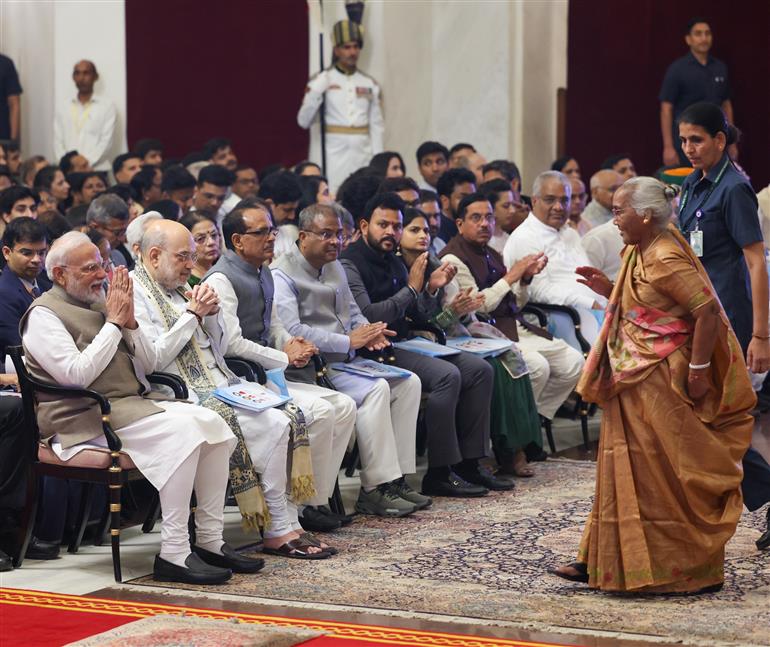 PM attends Civil Investiture Ceremony at Rashtrapati Bhavan, in New Delhi on April 28, 2025.