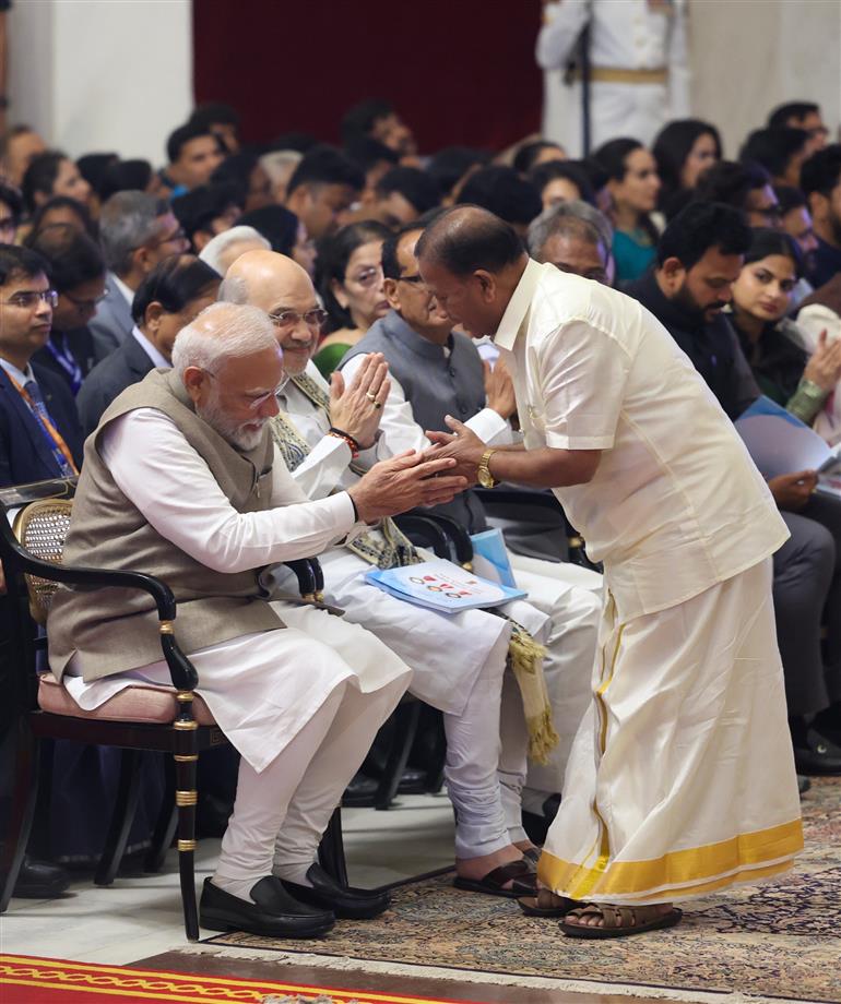 PM attends Civil Investiture Ceremony at Rashtrapati Bhavan, in New Delhi on April 28, 2025.