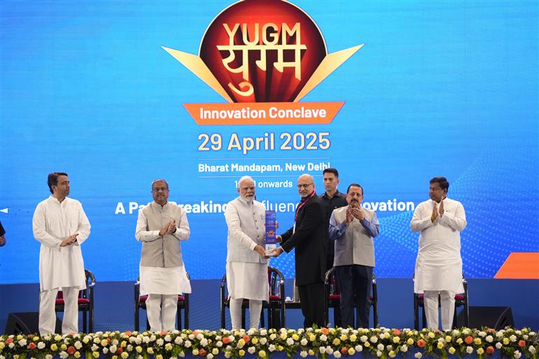 PM attends YUGM Innovation Conclave at Bharat Mandapam, in New Delhi on April 29, 2025.