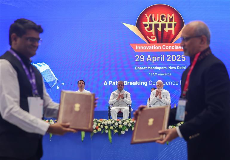PM attends YUGM Innovation Conclave at Bharat Mandapam, in New Delhi on April 29, 2025.