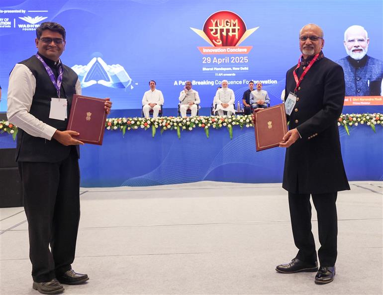PM attends YUGM Innovation Conclave at Bharat Mandapam, in New Delhi on April 29, 2025.
