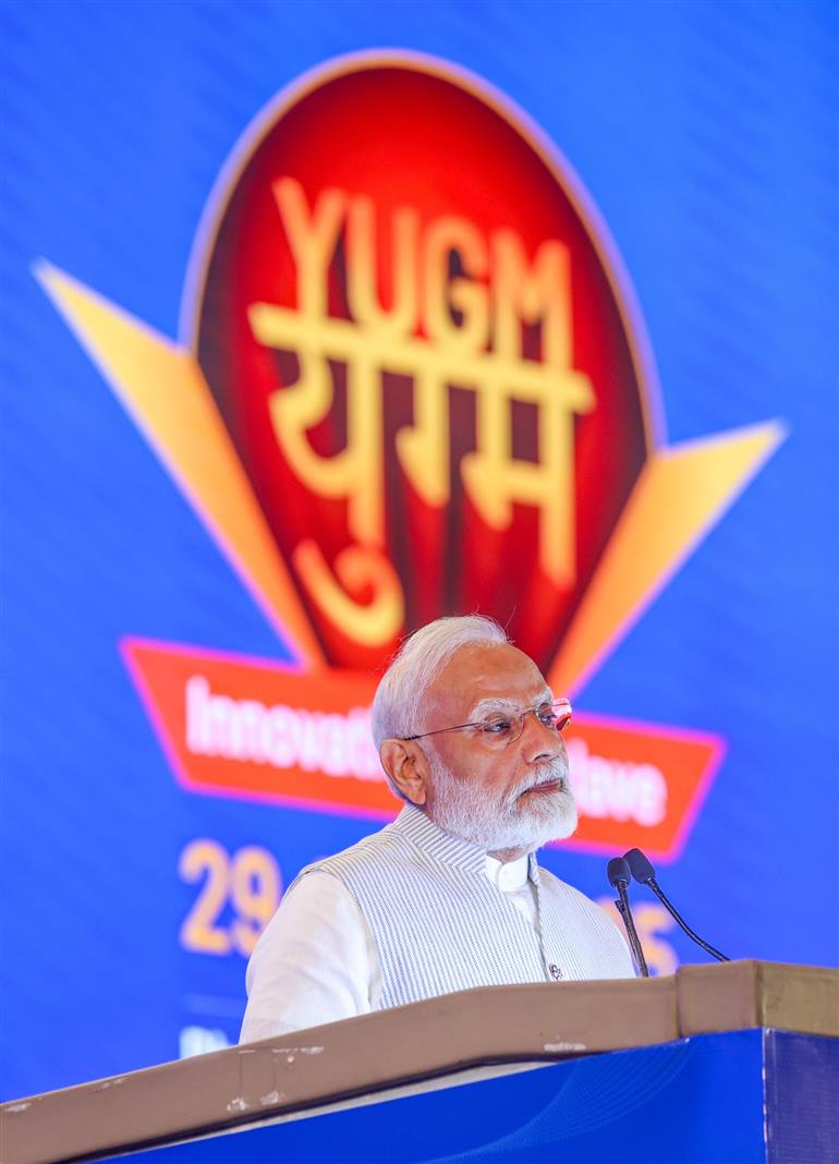 PM addressing at YUGM Innovation Conclave at Bharat Mandapam, in New Delhi on April 29, 2025.