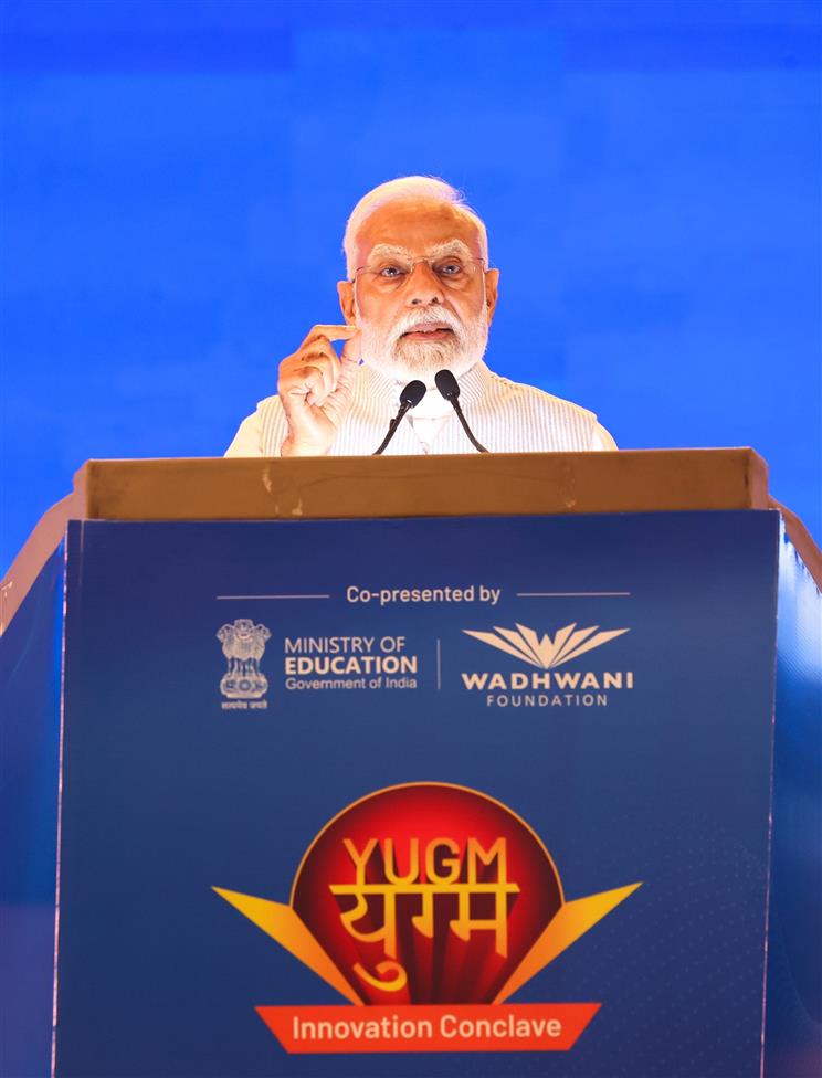 PM addressing at YUGM Innovation Conclave at Bharat Mandapam, in New Delhi on April 29, 2025.