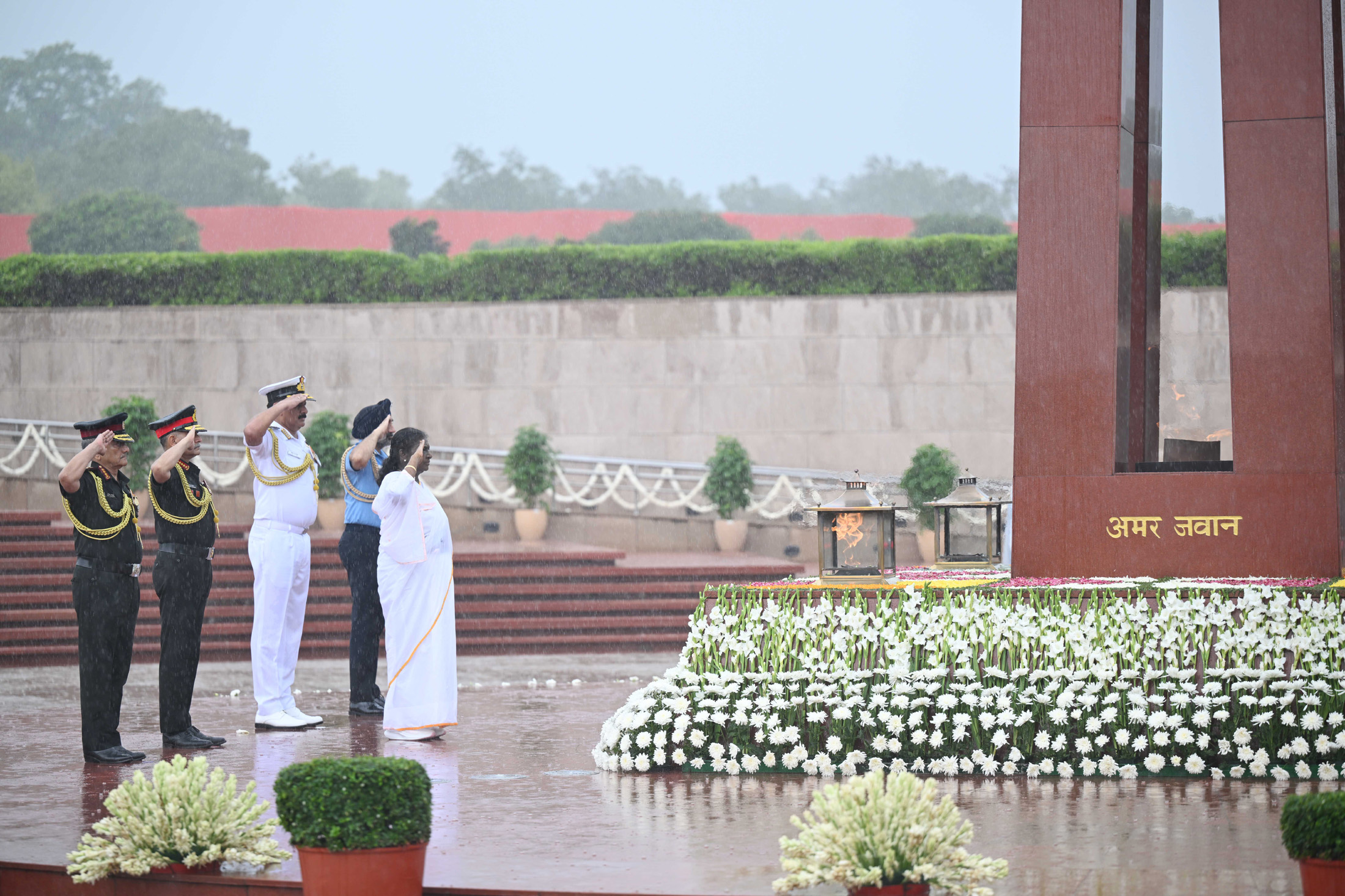 The President of India, Smt. Droupadi Murmu paid her homage to the brave-hearts at the National War Memorial on the occasion of 79th Independence Day, in New Delhi on August 15, 2025.