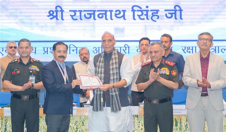 The Union Minister for Defence, Shri Rajnath Singh attends the 84th Armed Forces Headquarters (AFHQ) Civilian Services Day event held at DRDO Bhawan, in New Delhi on August 01, 2025.