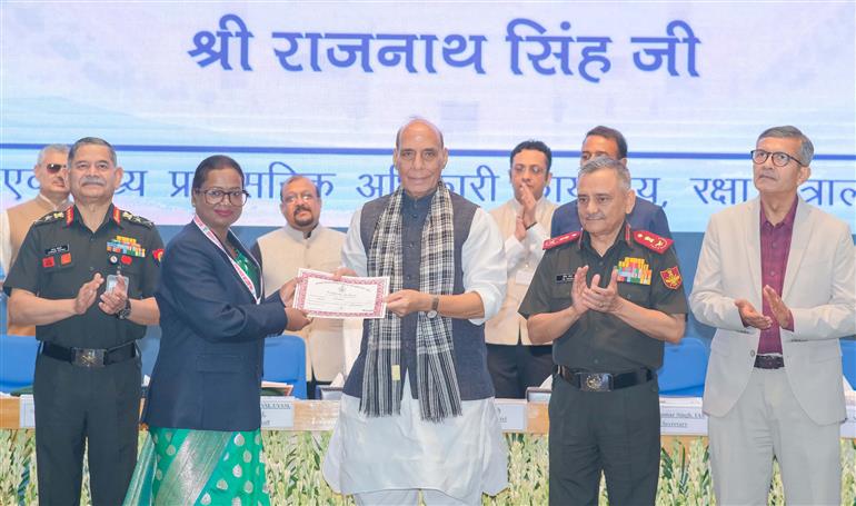 The Union Minister for Defence, Shri Rajnath Singh attends the 84th Armed Forces Headquarters (AFHQ) Civilian Services Day event held at DRDO Bhawan, in New Delhi on August 01, 2025.