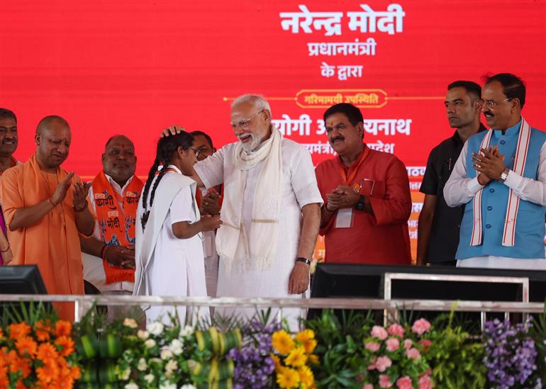 PM graced the public event held on the sidelines of the foundation stone laying and inauguration of the multiple development projects at Varanasi, in Uttar Pradesh on August 02, 2025.