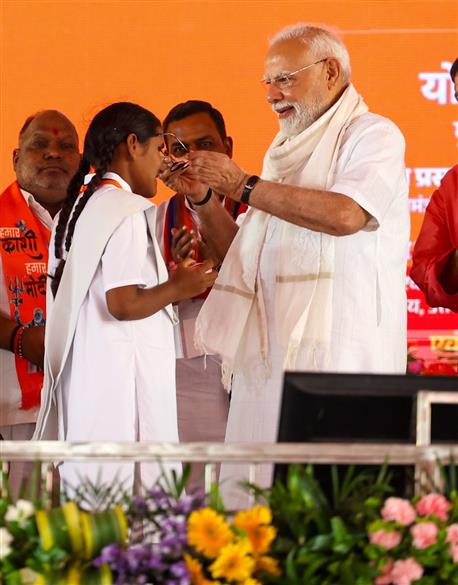 PM graced the public event held on the sidelines of the foundation stone laying and inauguration of the multiple development projects at Varanasi, in Uttar Pradesh on August 02, 2025.