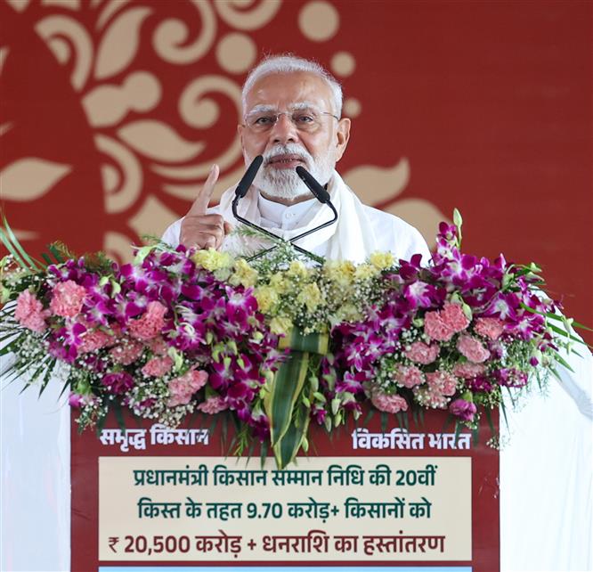 PM addressing the gathering at public event held on the sidelines of the foundation stone laying and inauguration of the multiple development projects at Varanasi, in Uttar Pradesh on August 02, 2025.