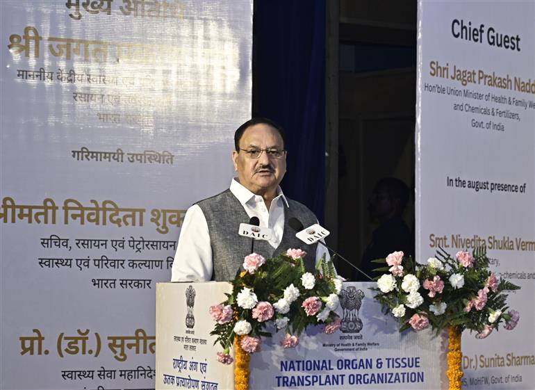 The Union Minister of Health and Family Welfare & Chemicals and Fertilizers, Shri Jagat Prakash Nadda addressing at the event held on 15th Indian Organ Donation Day under the Angdaan – Jeevan Sanjeevani Abhiyaan at Dr. Ambedkar International Centre, in New Delhi on August 02, 2025.