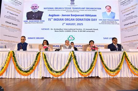 The Union Minister of Health and Family Welfare & Chemicals and Fertilizers, Shri Jagat Prakash Nadda attends the event on 15th Indian Organ Donation Day, in New Delhi on August 02, 2025. The event was also attended by Smt. Nivedita Shukla Verma, Acting Secretary, Health & Family Welfare, Dr. Sunita Sharma, Director General of Health Services, Shri Vijay Nehra, Joint Secretary, MoHFW, Anil Kumar, Director, NOTTO, senior officers from the Ministry, medical professionals, donor families, transplant recipients, and other key stakeholders.