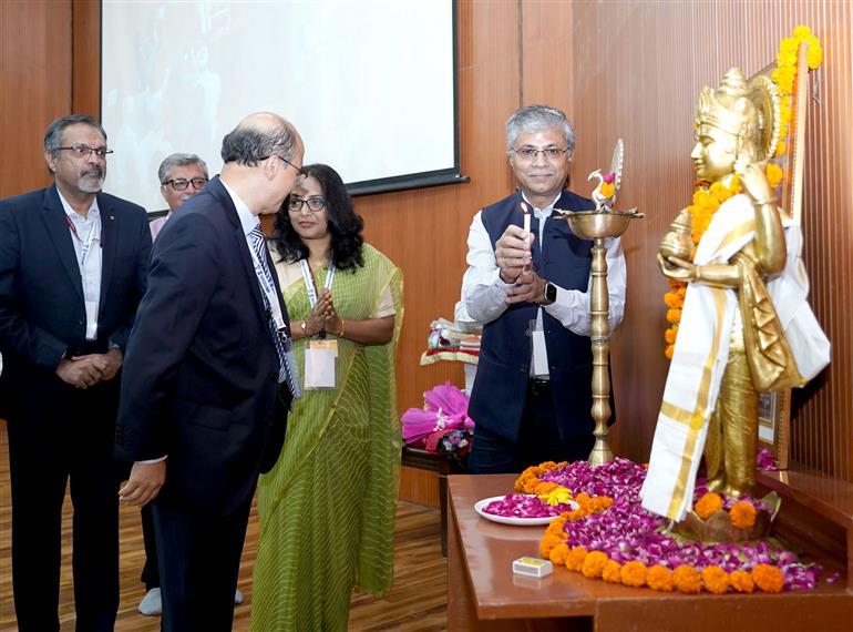 The Secretary, Ministry of Ayush, Shri Vaidya Rajesh Kotecha lighting the lamp at the inauguration of the WHO-IRCH Workshop on Herbal Medicine Safety and Regulations organised by the Ministry of Ayush in collaboration with the World Health Organization (WHO) at PCIM&H, Ghaziabad, in Uttar Pradesh on August 06, 2025.