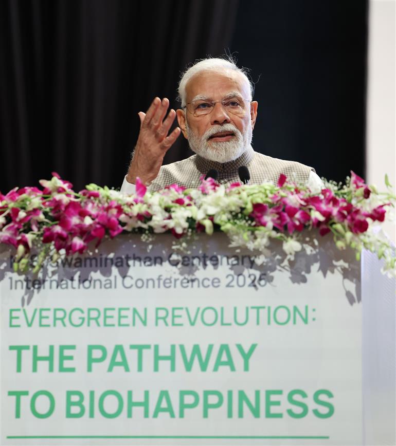 PM addressing the gathering at inauguration of M.S. Swaminathan Centenary International Conference at ICAR PUSA, in New Delhi on August 07, 2025.