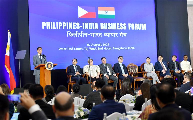 The President of the Republic of the Philippines, Mr Ferdinand Romualdez Marcos Jr. addressing during the Philippines - India Business Forum at Taj West End Hotel, in Bengaluru on August 07, 2025.