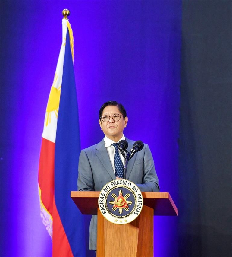 The President of the Republic of the Philippines, Mr Ferdinand Romualdez Marcos Jr. addressing during the Philippines - India Business Forum at Taj West End Hotel, in Bengaluru on August 07, 2025.