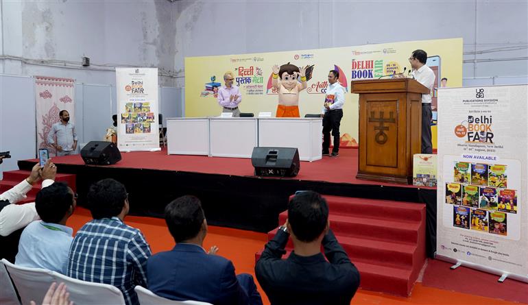 The Principal Director General, Publications Division, Sh. Bhupendra Kainthola unveiling the vibrant latest comic book series “Chhota Bheem” published by the Publications Division during the Book Release Event held at Bharat Mandapam, in New Delhi on August 08, 2025.