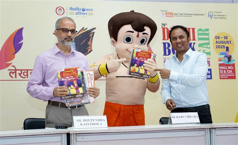 The Principal Director General, Publications Division, Sh. Bhupendra Kainthola unveiling the vibrant latest comic book series “Chhota Bheem” published by the Publications Division during the Book Release Event held at Bharat Mandapam, in New Delhi on August 08, 2025.