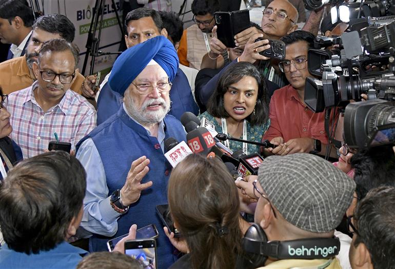 The Union Minister of Petroleum and Natural Gas, Shri Hardeep Singh Puri interacting with media during the Pioneer Biofuels 360 Summit, in New Delhi on August 08, 2025.