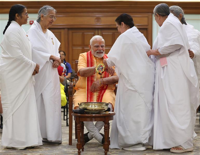 PM celebrates the festival of Raksha Bandhan at his residence (7, Lok Kalyan Marg), in New Delhi on August 09, 2025.