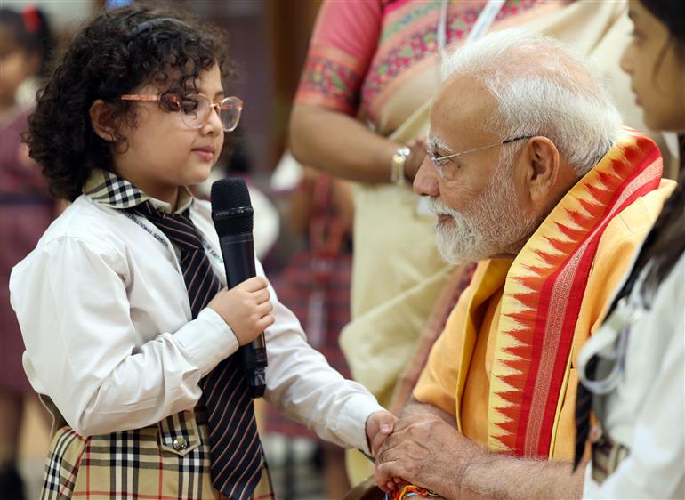 PM celebrates the festival of Raksha Bandhan with children from different schools at his residence (7, Lok Kalyan Marg), in New Delhi on August 09, 2025.