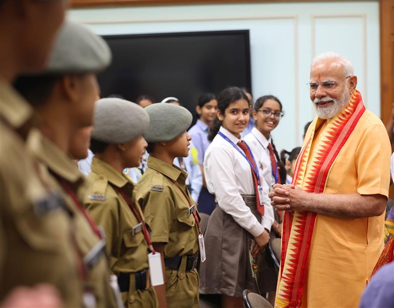 PM celebrates the festival of Raksha Bandhan with children from different schools at his residence (7, Lok Kalyan Marg), in New Delhi on August 09, 2025.