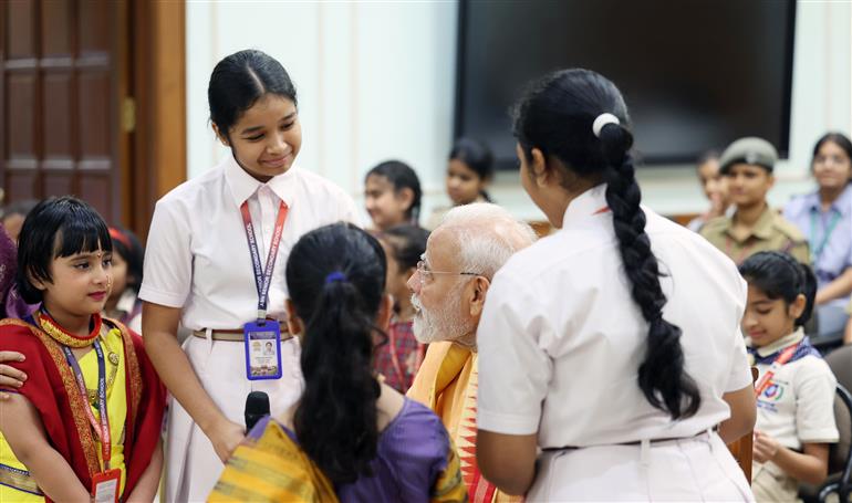 PM celebrates the festival of Raksha Bandhan with children from different schools at his residence (7, Lok Kalyan Marg), in New Delhi on August 09, 2025.