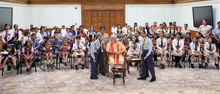 PM celebrates the festival of Raksha Bandhan with children from different schools at his residence (7, Lok Kalyan Marg), in New Delhi on August 09, 2025.
