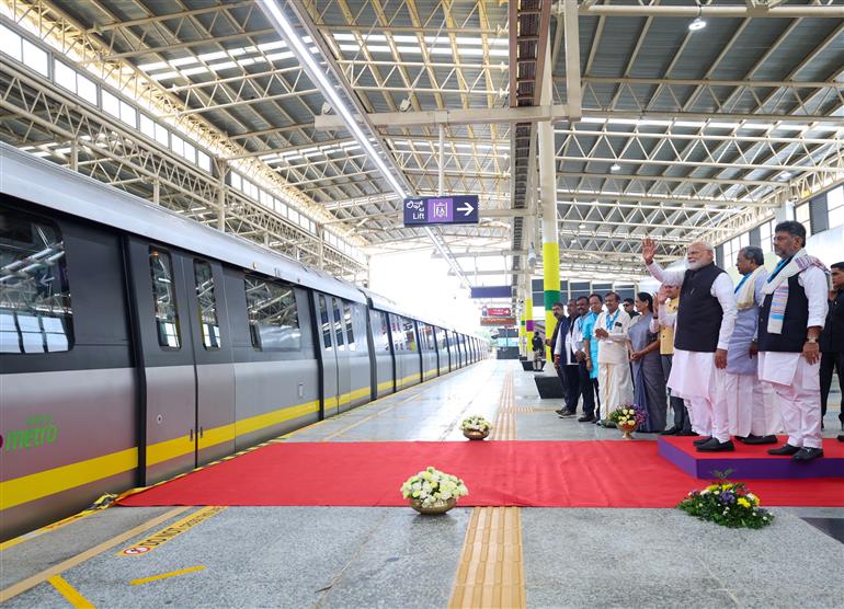 PM flags-off Yellow line Metro from RV Road (Ragigudda) to Bommasandra under the Bangalore Metro Phase-2 project at Bengaluru, in Karnataka on August 10, 2025.