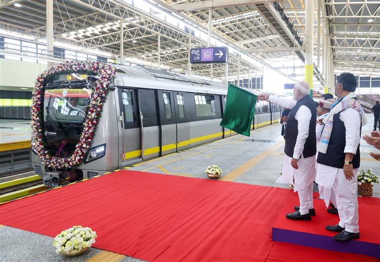 PM flags-off Yellow line Metro from RV Road (Ragigudda) to Bommasandra under the Bangalore Metro Phase-2 project at Bengaluru, in Karnataka on August 10, 2025.