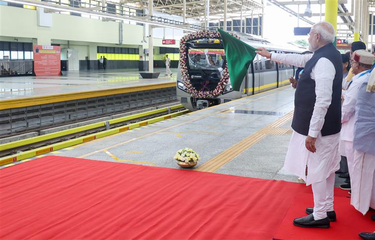 PM flags-off Yellow line Metro from RV Road (Ragigudda) to Bommasandra under the Bangalore Metro Phase-2 project at Bengaluru, in Karnataka on August 10, 2025.
