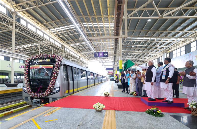 PM flags-off Yellow line Metro from RV Road (Ragigudda) to Bommasandra under the Bangalore Metro Phase-2 project at Bengaluru, in Karnataka on August 10, 2025.