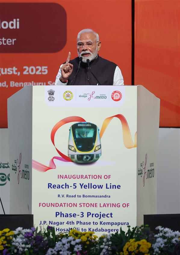 PM addressing at the laying of foundation stone, inauguration of various metro projects in Bengaluru, Karnataka on August 10, 2025.