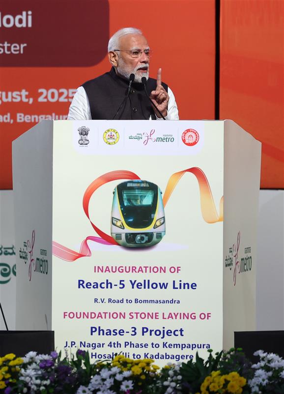 PM addressing at the laying of foundation stone, inauguration of various metro projects in Bengaluru, Karnataka on August 10, 2025.