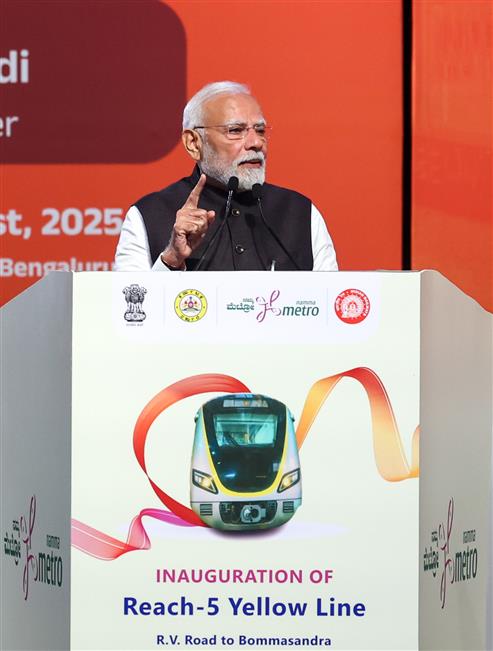 PM addressing at the laying of foundation stone, inauguration of various metro projects in Bengaluru, Karnataka on August 10, 2025.