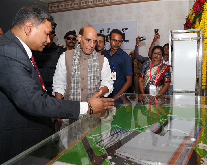 The Union Minister for Defence, Shri Rajnath Singh visits an exhibition at the laying of foundation stone of BEML’s Greenfield Rail Manufacturing facility (BRAHMA) at Umaria, in Madhya Pradesh on August 10, 2025.