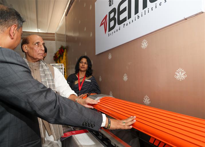 The Union Minister for Defence, Shri Rajnath Singh visits an exhibition at the laying of foundation stone of BEML’s Greenfield Rail Manufacturing facility (BRAHMA) at Umaria, in Madhya Pradesh on August 10, 2025.