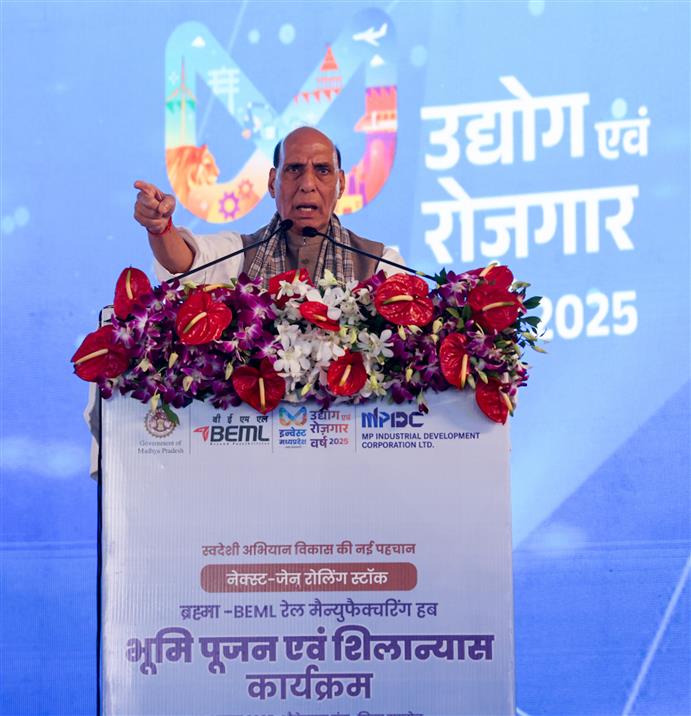 The Union Minister for Defence, Shri Rajnath Singh addressing at the laying of foundation stone of BEML’s Greenfield Rail Manufacturing facility (BRAHMA) at Umaria, in Madhya Pradesh on August 10, 2025.
