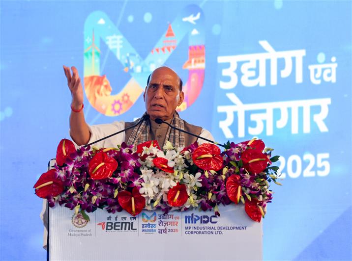 The Union Minister for Defence, Shri Rajnath Singh addressing at the laying of foundation stone of BEML’s Greenfield Rail Manufacturing facility (BRAHMA) at Umaria, in Madhya Pradesh on August 10, 2025.