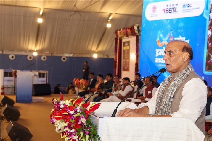 The Union Minister for Defence, Shri Rajnath Singh addressing at the laying of foundation stone of BEML’s Greenfield Rail Manufacturing facility (BRAHMA) at Umaria, in Madhya Pradesh on August 10, 2025.