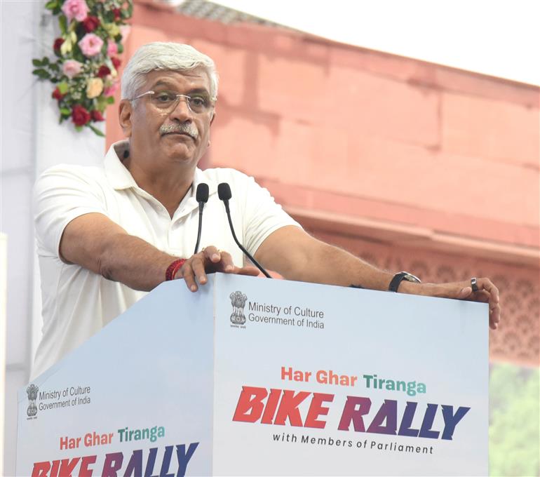 The Union Minister of Culture and Tourism, Shri Gajendra Singh Shekhawat addressing at the event on ‘Tiranga Bike Rally’ under the Har Ghar Tiranga Campaign at Bharat Mandapam, in New Delhi on August 12, 2025. 