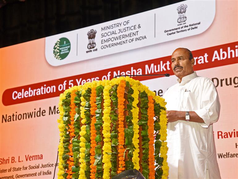The Union Minister for Social Justice and Empowerment, Dr. Virendra Kumar addressing at the celebration of 5 Years of Nasha Mukt Bharat Abhiyaan at Kendriya Vidyalaya, in New Delhi on August 13, 2025.