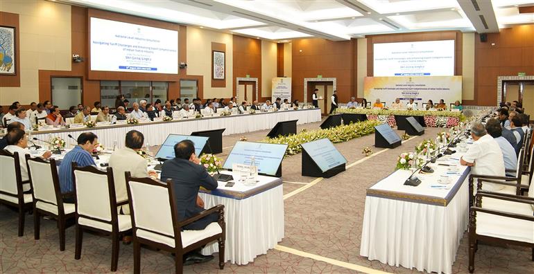 The Union Minister of Textiles, Shri Giriraj Singh attends the National Level Industry Consultation on Navigating Tariff Challenges and Enhancing Export Competitiveness of Indian Textile Industry at Sushma Swaraj Bhawan, in New Delhi on August 13, 2025.