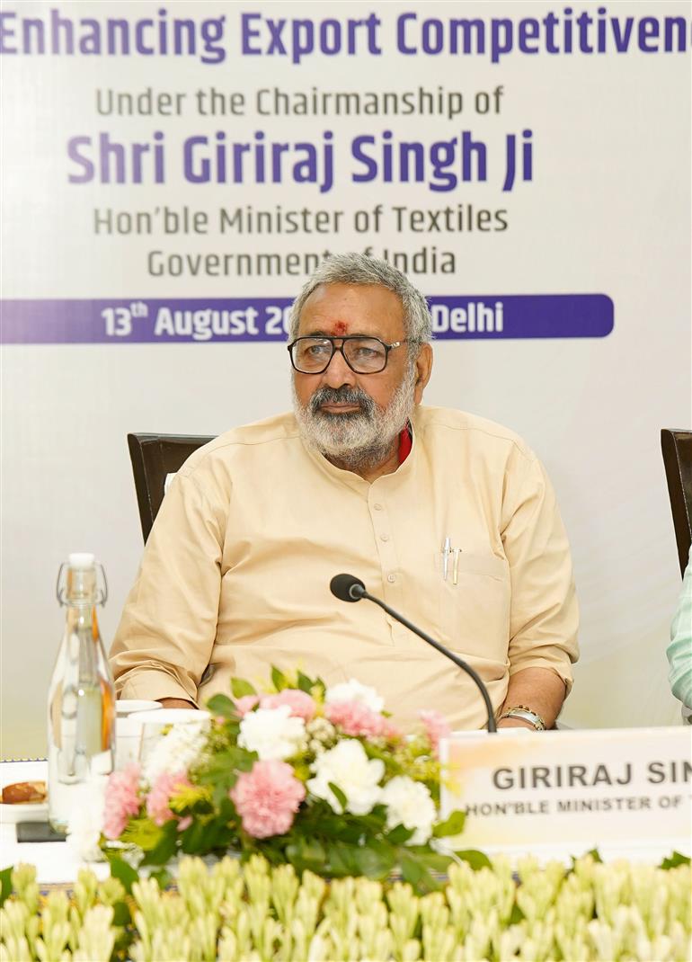 The Union Minister of Textiles, Shri Giriraj Singh attends the National Level Industry Consultation on Navigating Tariff Challenges and Enhancing Export Competitiveness of Indian Textile Industry at Sushma Swaraj Bhawan, in New Delhi on August 13, 2025.