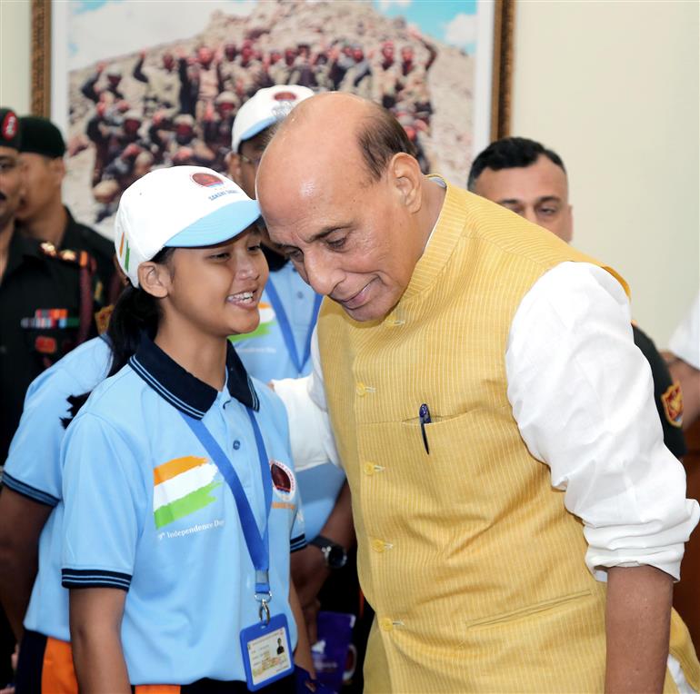 The Union Minister for Defence, Shri Rajnath Singh interaction with 30 meritorious higher secondary students from tribal communities of the Andaman & Nicobar Islands at South Block, in New Delhi on August 14, 2025.