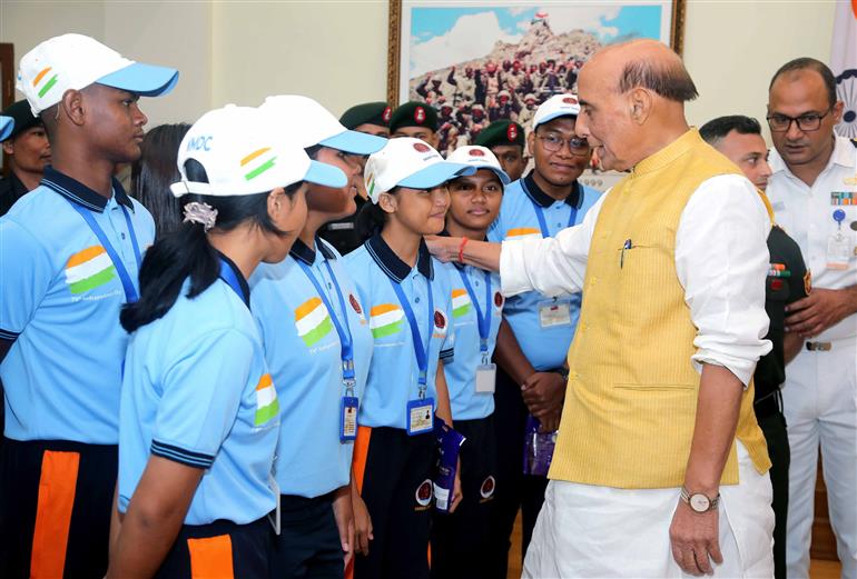The Union Minister for Defence, Shri Rajnath Singh interaction with 30 meritorious higher secondary students from tribal communities of the Andaman & Nicobar Islands at South Block, in New Delhi on August 14, 2025.