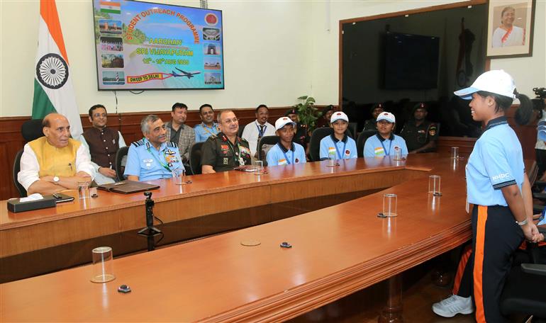The Union Minister for Defence, Shri Rajnath Singh interaction with 30 meritorious higher secondary students from tribal communities of the Andaman & Nicobar Islands at South Block, in New Delhi on August 14, 2025.